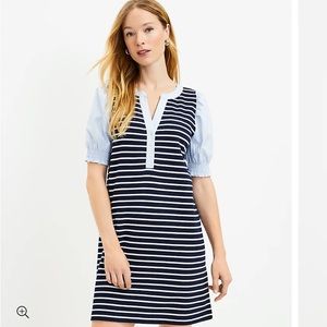 Striped Mixed Media V-Neck Shift Dress